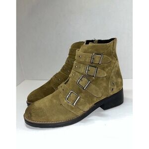 Musse & Cloud Womens 10 Misha Suede Ankle Boots Green Combat Buckle Biker Moto